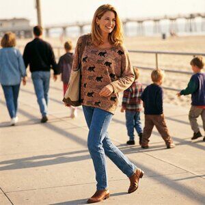 Pink Berry Womens Brown Elephant Print Knit Top Size Medium Boho Casual Vintage